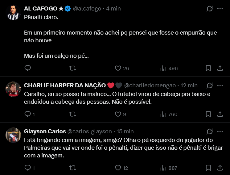 Comentários de torcedores rivais em post de página genérica falando que não foi pênalti pro Palmeiras

Pelo menos isso, os caras ficam caçando like, mas passam vergonha

O problema é que alguns deles nem vergonha tem.