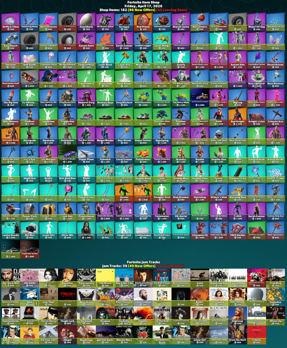 FireMonkey's tweet image. 🛒 #Fortnite Item Shop
⏰ Friday, April 17, 2026
Shop Items: 182 (86 New Offers) (45 Leaving Soon)

🏷️ Check The Web Store! (SAC Code Auto-Applied)
fortnite.com/item-shop?crea… #EpicPartner

💙 Consider Using These SACs:
· FireMonkey #AD
· W1q