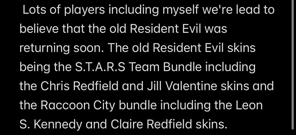 St4rszzvirus's tweet photo. @Fortnite @FortniteStatus @EpicGames @CapcomUSA_ @RE_Games @EpicGhosty @EpicTofuChris @JustTeddii 

#BringTheResidentEvilSkinsBacktoItemShop https://t.co/CIFF2N60KS