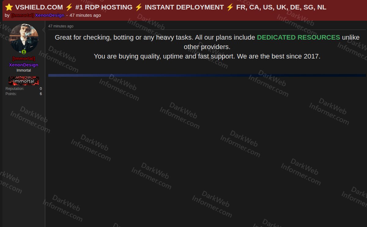 DarkWebInformer's tweet photo. ‼️ A threat actor operating under the alias XenonDesign is advertising bulletproof RDP hosting services via https://t.co/Y7waRt2woZ on a cybercrime forum.

The service offers dedicated Windows and Linux server instances across multiple countries including the United States, Canada, France, Germany, the United Kingdom, Netherlands, and Singapore, and is explicitly marketed for use cases such as credential checking and botting.