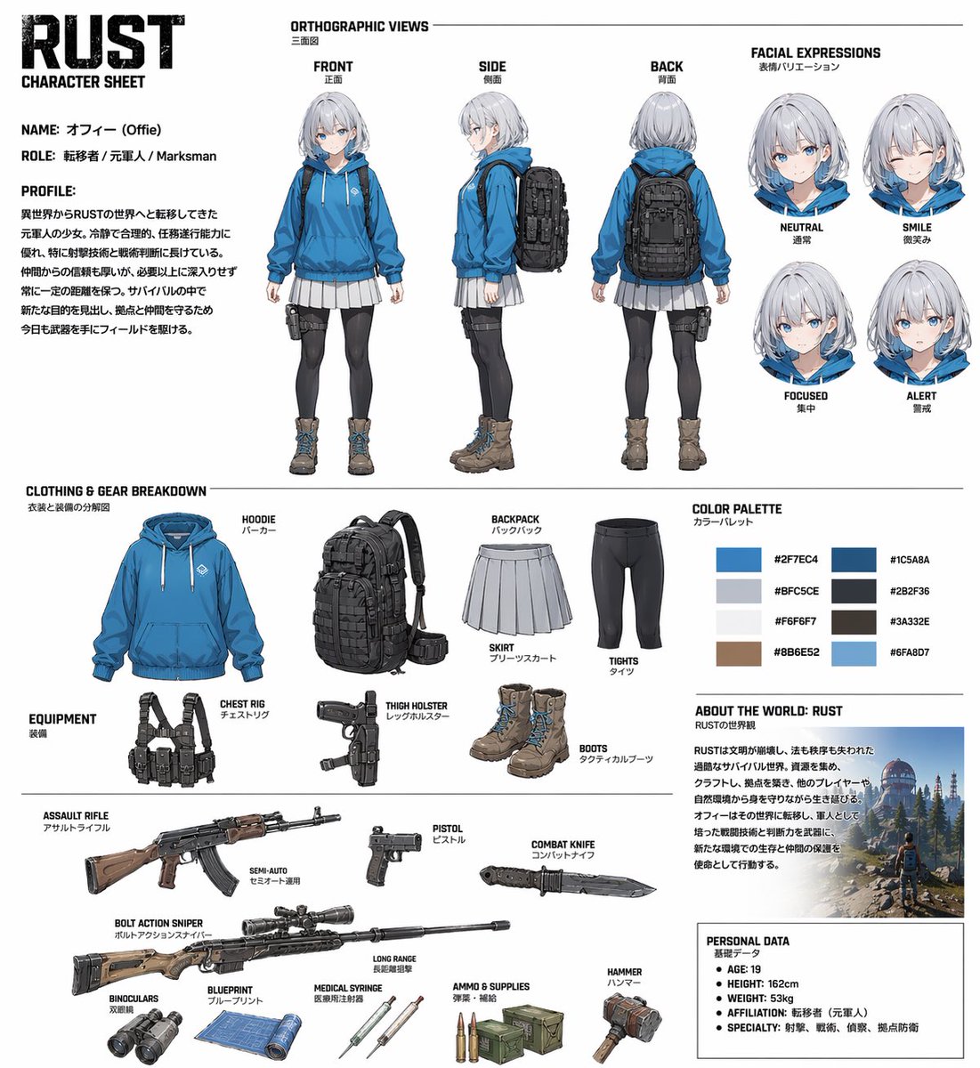 QB_WHITE's tweet image. Image2試してみた！
私のRustサーバーで登場するバトロワmodのサバイバータイプのキャラ設定！
#rust #mod #openai