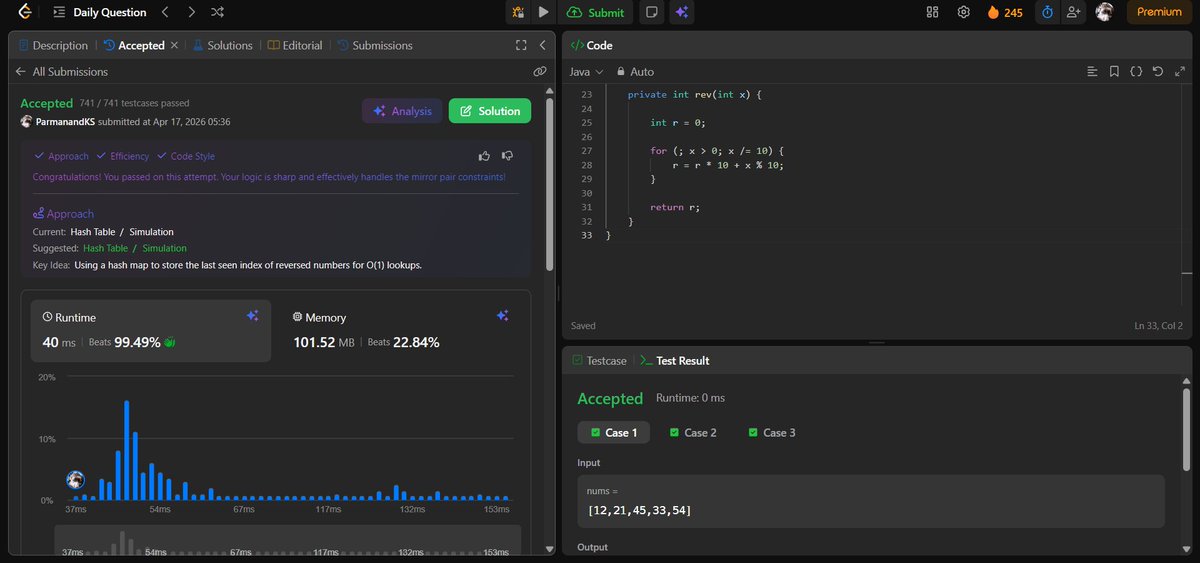 ParmanandKS's tweet image. 📚 Day 272 of learning DSA with @kunalstwt 
Today's topic: @LeetCode 1 DSA DCC Problem
📌 Key takeaway: Minimum Absolute Distance Between Mirror Pairs
🧠 Feeling: Challenged

Here’s what today looked like 👇
#DSAwithKunal #LearnInPublic #100DaysOfCode