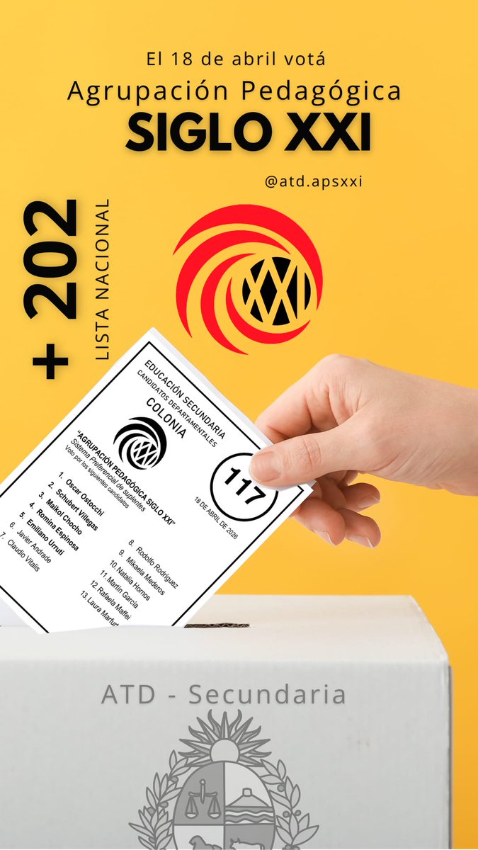 En Colonia, votamos 202 + 117. 

Agrupación Pedagógica Siglo XXI. Un colectivo independiente de todo compromiso político-partidario.

#ATD2026
#ATDSecundaria
#AsambleaTécnicoDocente