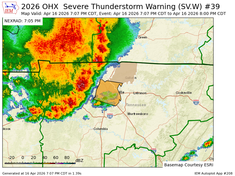 OHX issues Severe Thunderstorm Warning [wind: 60 MPH (RADAR