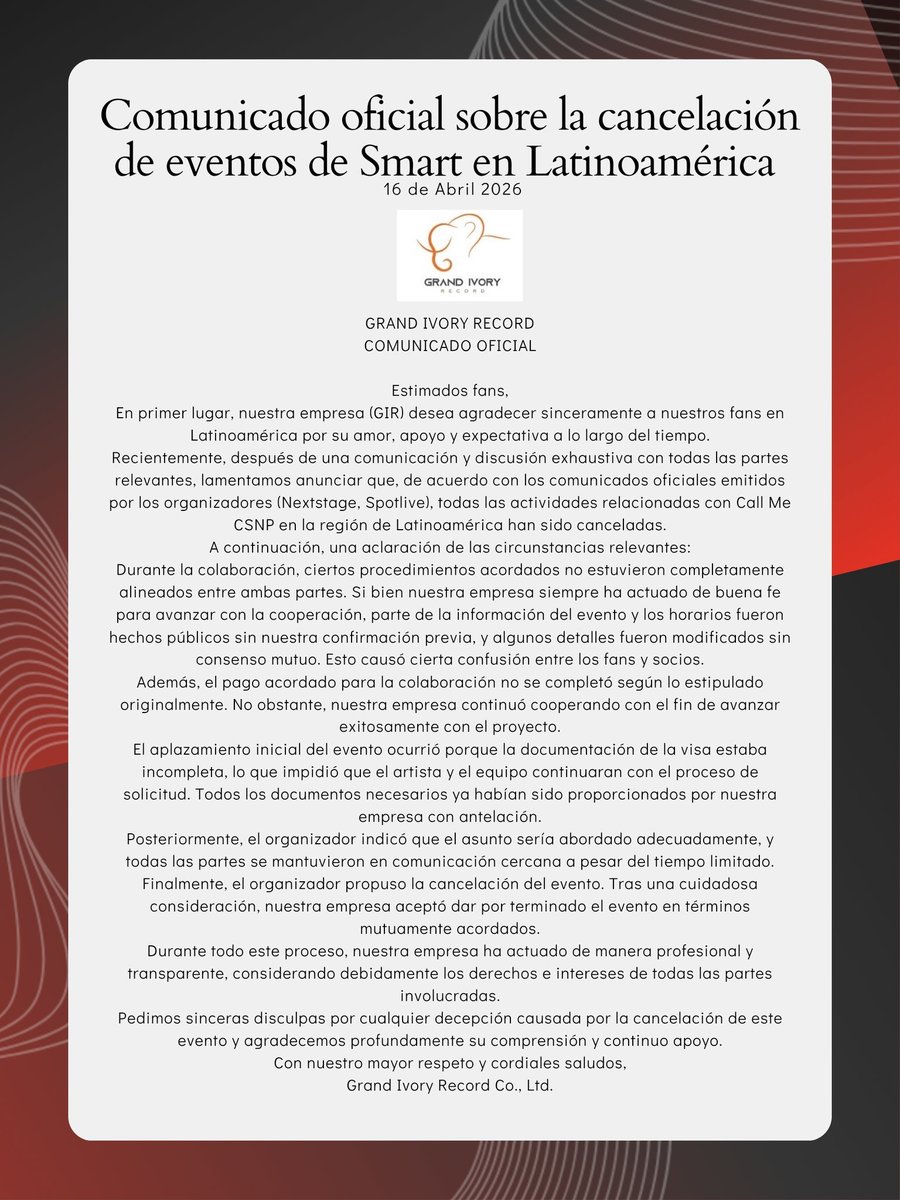 smartboommx's tweet photo. 📣 Traducción del comunicado oficial sobre la cancelación de eventos de Smart en Latinoamérica 📣

#CSNP #smartchisanupong https://t.co/YUycPx8BAA