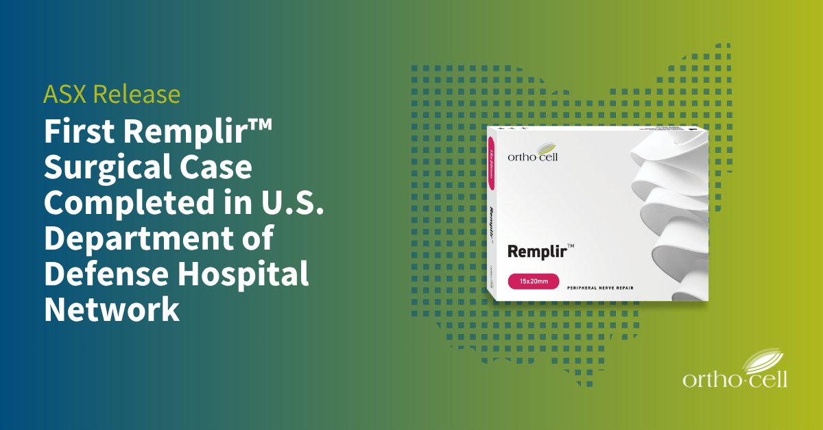 OrthocellLtd's tweet photo. The first surgical use of Remplir™ has taken place within the U.S. DoD and VA hospital networks, two days after Orthocell received approval for this use.
ASX announcement: https://t.co/4d5wWNSmvh
$OCC #Orthocell #Remplir #nerverepair #MilitaryMedicine #VeteransHealth #TraumaSurgery #VeteranCare