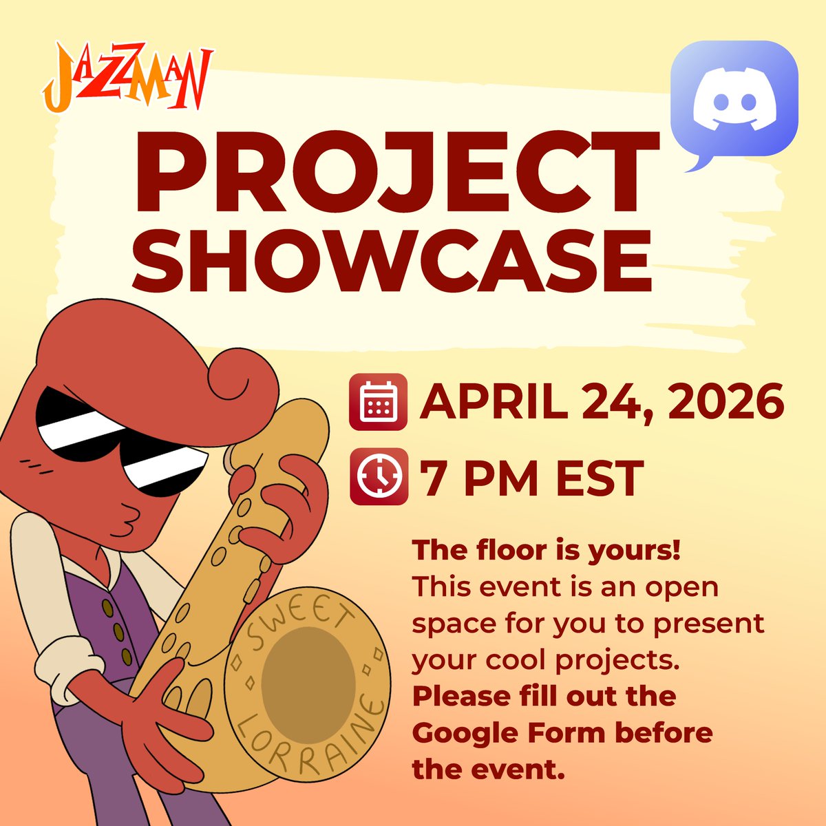 JazzManCartoon's tweet photo. Hello Hepcats!

Join us for the upcoming server event, the 2nd installment of our annual Project Showcase.

The link to join our Discord Server is on our linktree. There, you will find a form to reserve your spot. Excited to see you there! 

#discordevent #projectshowcase #indie https://t.co/MVDSnBpDjP