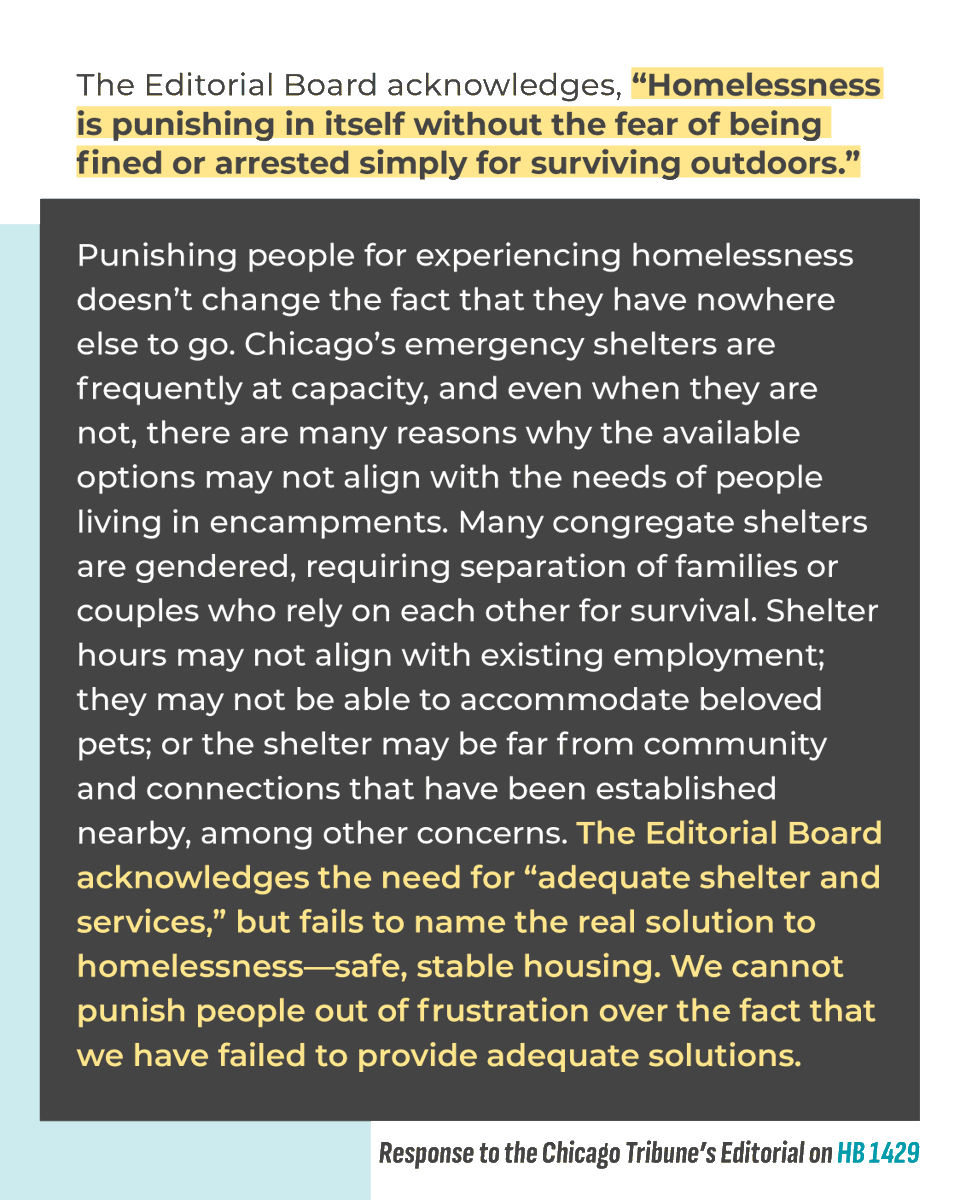 ChiHomeless's tweet photo. Did you see the Chicago Tribune’s editorial opposing HB 1429 yesterday? Until we have enough housing that is accessible for everyone who needs it, people need a place to exist without fear of punishment. Share your support for 1429 here: https://t.co/ZIfc8IfpdW https://t.co/YfYaozt1Pq