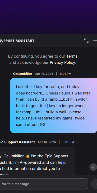 xiam007's tweet photo. hey @FortniteStatus - my j key suddenly no longer builds my ramp, the report a bug feature is really not helpful so your AI player support suggested this way of contacting you - my epic is calumkiller, thank you, GG's 🇨🇦 https://t.co/AWXciCQ45M