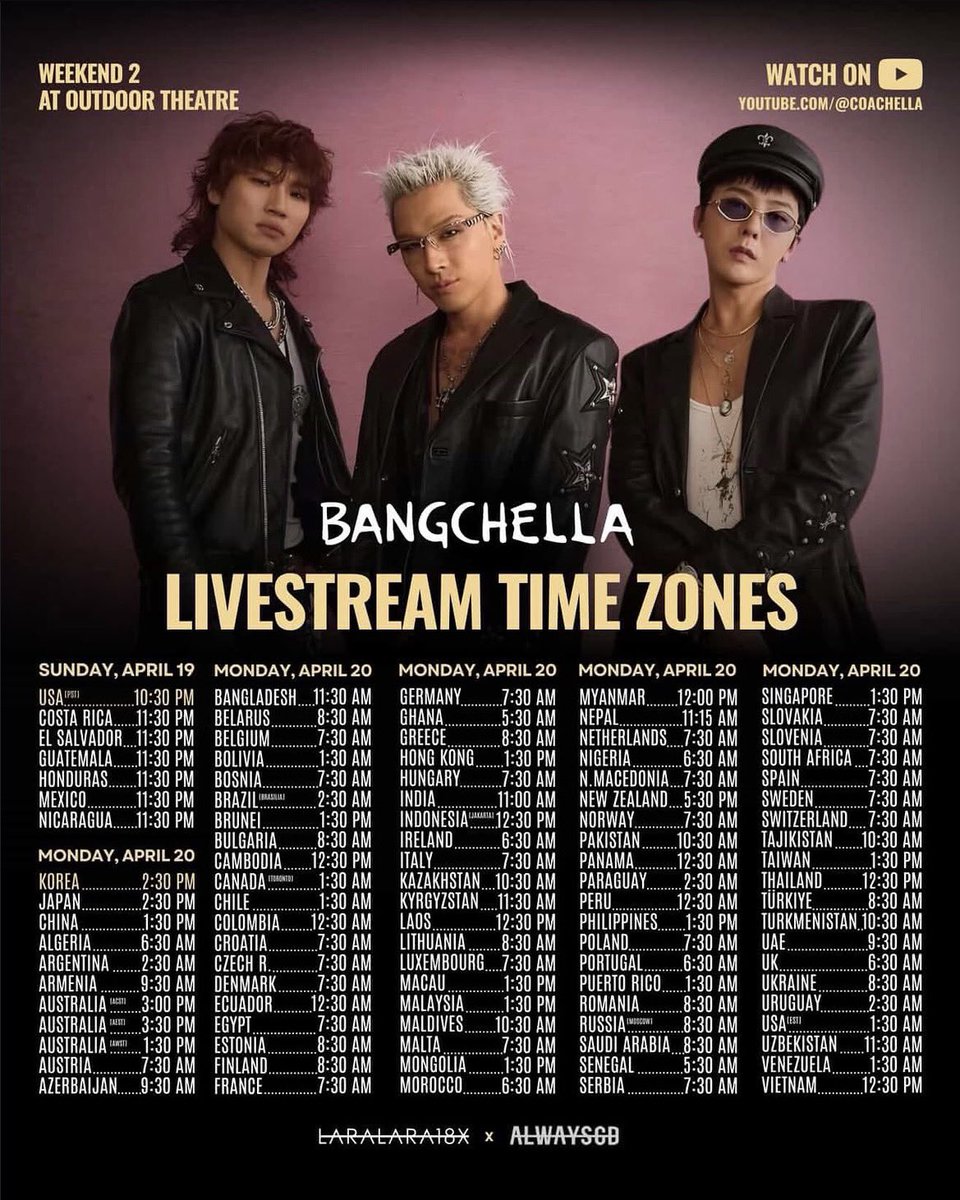 👑 BIGBANG BANGCHELLA 💫

Weekend 2 livestream

📅 04/19（PDT）
🕥 10:30 PM

📅 04/20（KST / JST）
🕑 2:30 PM

YouTube livestream
🔗 youtube.com/live/CzAJcgiyw…

🗓17.04.2026
cr. laralara18x / alwaysgd
#BIGBANG #BANGCHELLA #Coachella #Coachella2026
#GDRAGON #TAEYANG #DAESUNG