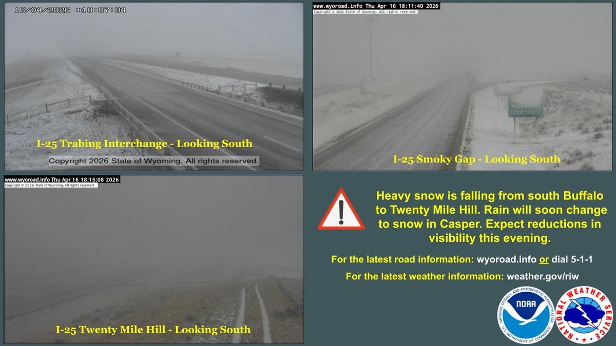 NWSRiverton's tweet image. Heavy snow is falling along I-25 from Buffalo to Twenty Mile Hill north of Casper. Visibility is greatly reduced with this area of snow. Rain will change to snow in and around Casper in the next few hours. #wywx #snow
