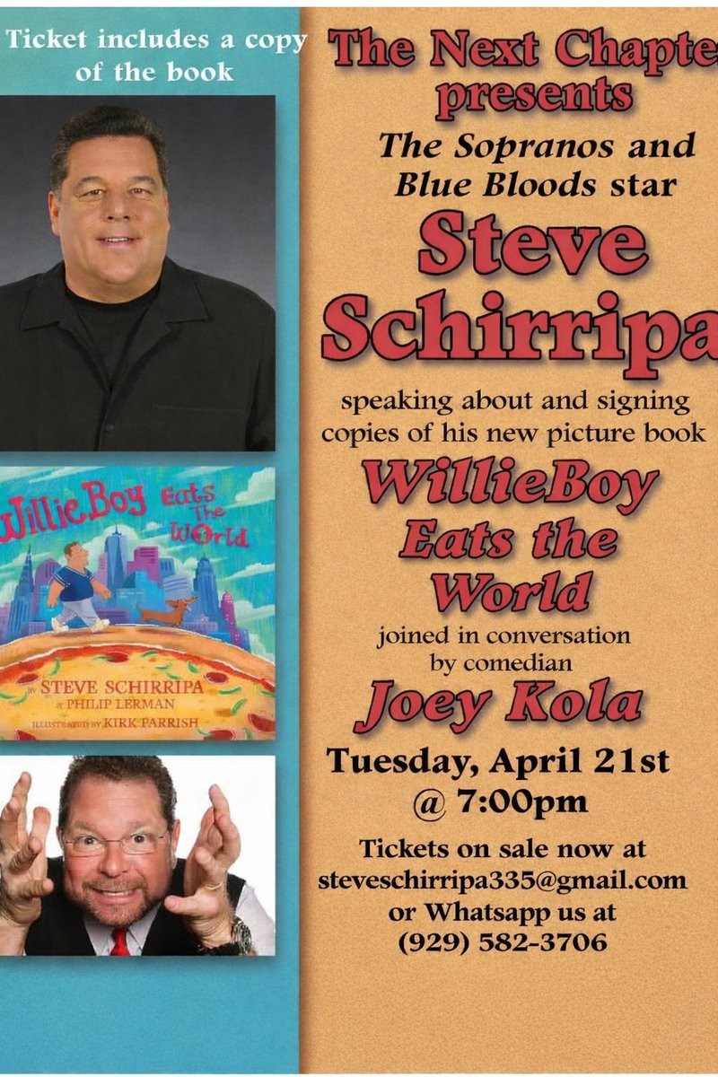 Hey Please join us on Tuesday, April 21st thenextchapterli Book Store tickets are still available but going fast! Tickets are available steveschirripa335@gmail.com