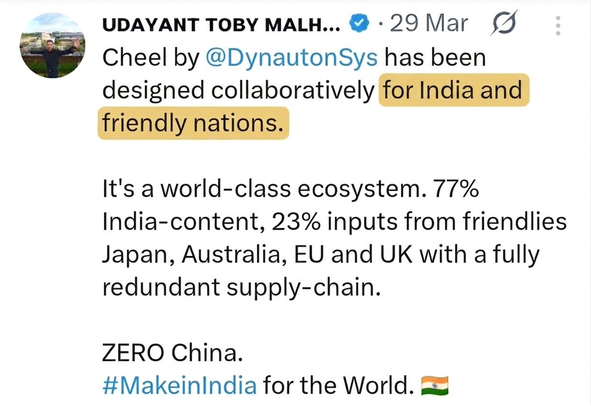 UTobyM's tweet image. The focus on 'ZERO China' and collaborative defence manufacturing with Japan, Australia, the EU, and the UK aligns with current global trends in friend-shoring critical defense technology.
#MakeInIndia for the World.