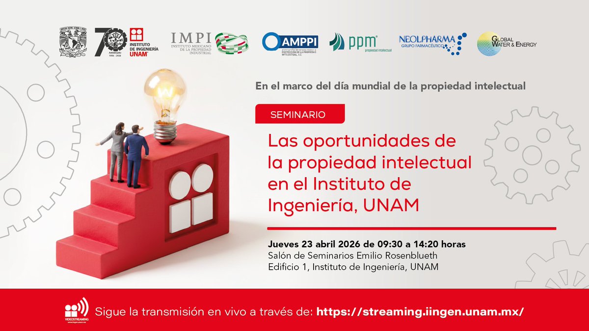 IIUNAM's tweet image. 🔐 Innovación y propiedad intelectual

Participa en este seminario del Instituto de Ingeniería de la UNAM.

📅 23 abril | 09:30 h
📍 / 💻 Presencial y streaming
#PropiedadIntelectual #Ingeniería #UNAM