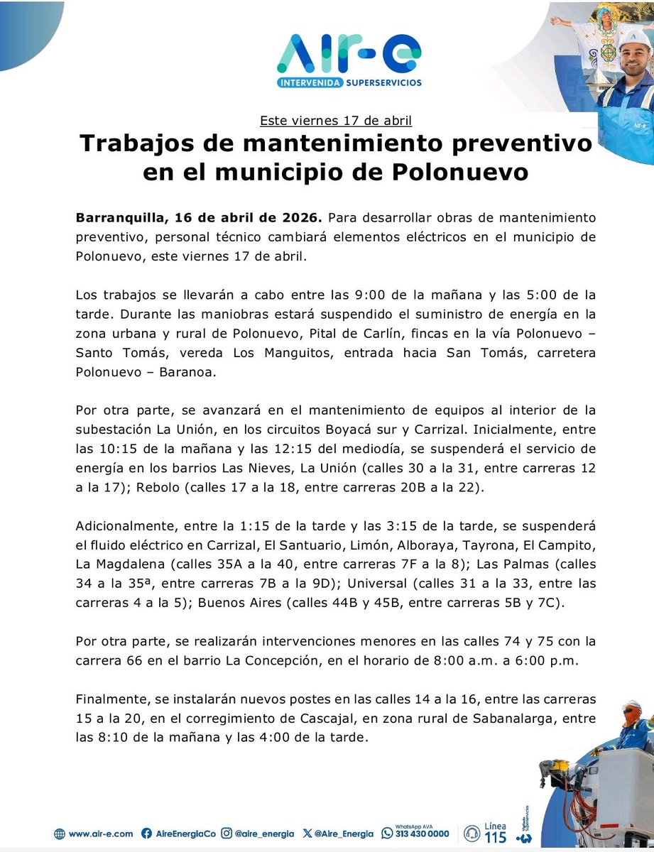 Aire_Energia's tweet image. #MejorasProgramadas en #Atlántico🌀 Este viernes 17 de abril adelantaremos trabajos de mejora del servicio en beneficio de nuestros usuarios. 
📍 Polonuevo 
🕘 9:00 a.m. – 5:00 p.m.
Afecta zona urbana, rural y sectores como Pital de Carlín, vía a Santo Tomás y vereda Los