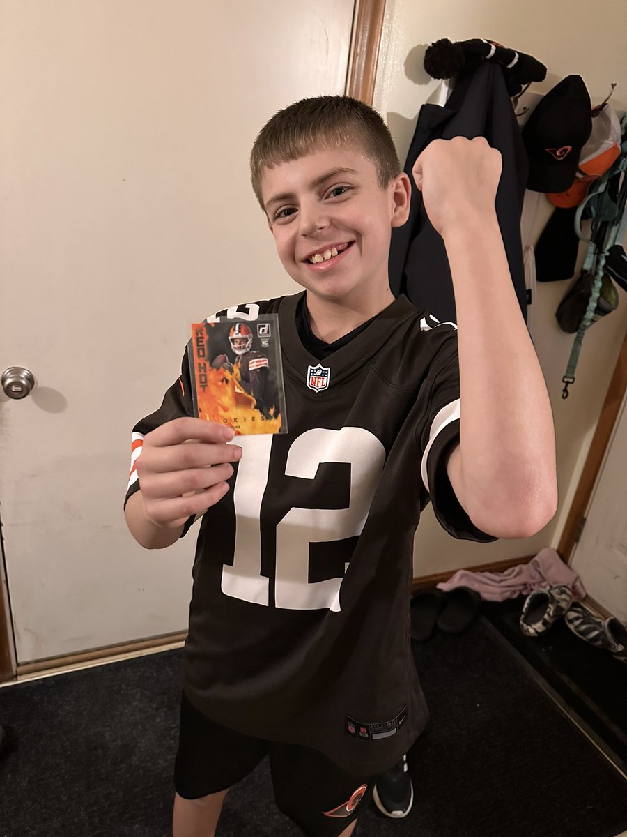 pgoche5's tweet photo. @ShedeurSanders my son has been raising his wrist since the @Browns called your name on draft night! Today he hit your rookie card in a pack!! Smile says it all!! He just needs your #2 @Browns jersey to complete the set! https://t.co/lpdZy48RR2