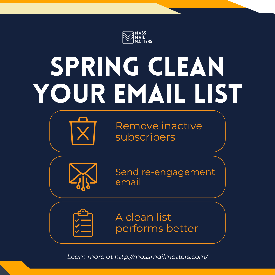 MassMailMatters's tweet photo. Spring cleaning isn’t just for your workspace — your email list needs it too. Cleaning your list improves engagement and deliverability. 

Learn more: https://t.co/5IVOCe6aGQ 

#EmailListCleanup #MassMailsMatters https://t.co/8hA6qU9xvT