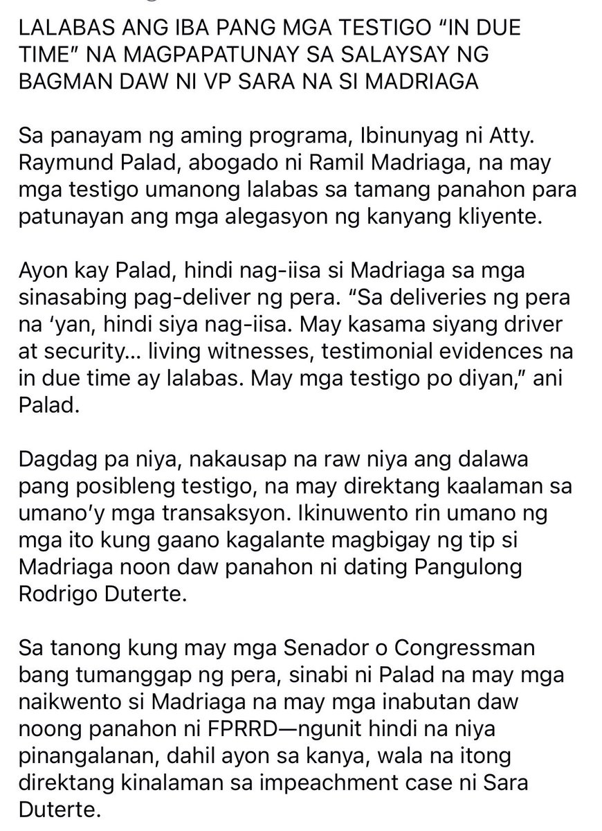 LALABAS ANG IBA PANG MGA TESTIGO “IN DUE TIME” NA MAGPAPATUNAY SA SALAYSAY NG BAGMAN DAW NI VP SARA NA SI MADRIAGA