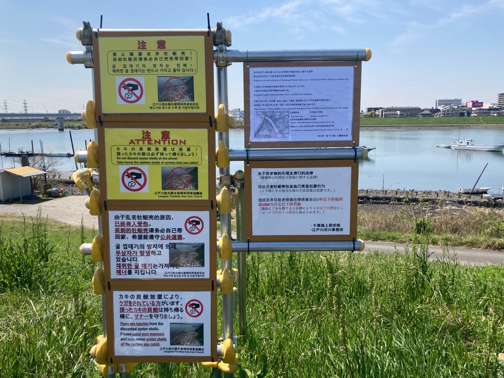 ⚠️かき殻などの投棄禁止⚠️

「市川市江戸川放水路におけるかき殻等の投棄の禁止に関する条例」により、江戸川放水路において採取したかき殻などを投棄する行為は禁止されています。
江戸川放水路の安全かつ清潔な利用環境を保全するためご協力をお願いします。

詳細⇩
city.ichikawa.lg.jp/page/4988.html