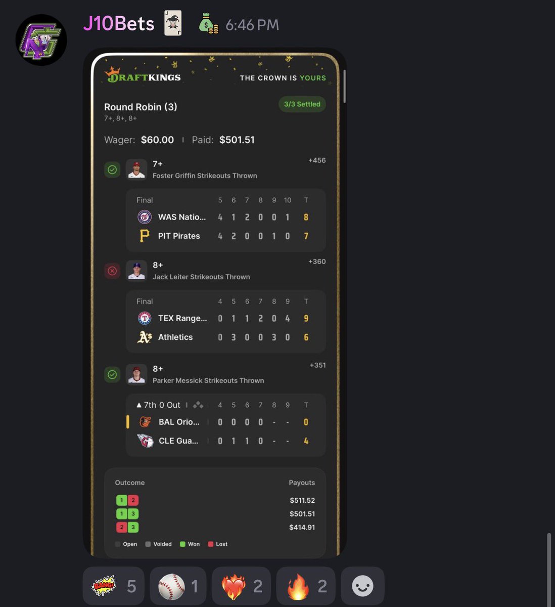 GoldBoys's tweet photo. Cash the +2408 MLB RR for @j10_bets ⚾️

$60 ➡️ $501 😮‍💨

Posted in discord ➡️ https://t.co/ChgX7UxU00 https://t.co/DuNT9PM0g4