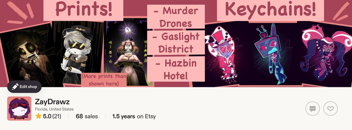 ButteredLettuce's tweet photo. My Etsy shop!!
https://t.co/OaLbMYYPZ0

Currently selling:

✮ Murder Drones art prints

✮ Gaslight District art prints

✮ Hazbin Hotel keychains
.
.
#murderdrones #uzidoorman #glitchproductions #hazbinhotel #gaslightdistrict #murderdronesfanart #fanart #keychain #smallbusiness https://t.co/yprHIJcpjK