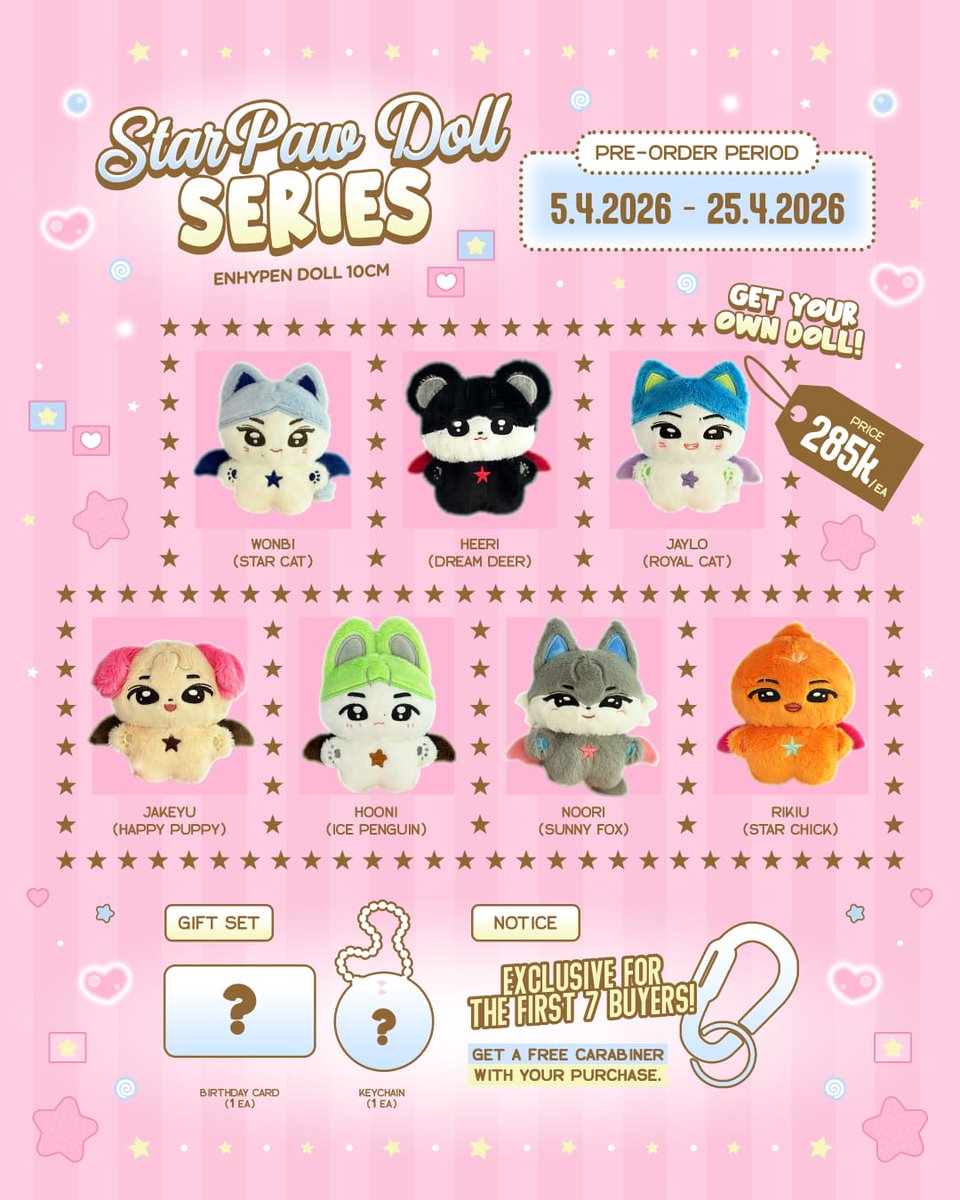 🌟STARPAW DOLL SERIES🌟
🌟ENHYPEN DOLL 10CM🌟

Pre-Order Periode :
🕐5.04.2026-25.04.2026
🔗Link Order dibawah
cognitoforms.com/ENST4R/FORMSTA…
🌍G.O = DM

#HEESEUNG #JAY #JAKE #SUNGHOON #SUNOO #JUNGWON #NI-KI #10cm doll

RT untuk kesempatan memenangkan 1 doll StarPaw Random