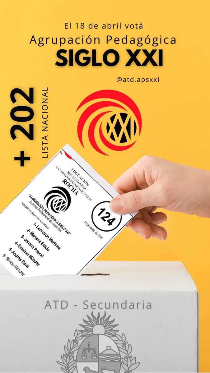 En Rocha, votamos 202 + 124. 

Agrupación Pedagógica Siglo XXI. Un colectivo independiente de todo compromiso político-partidario.

#ATD2026
#ATDSecundaria
#AsambleaTécnicoDocente
