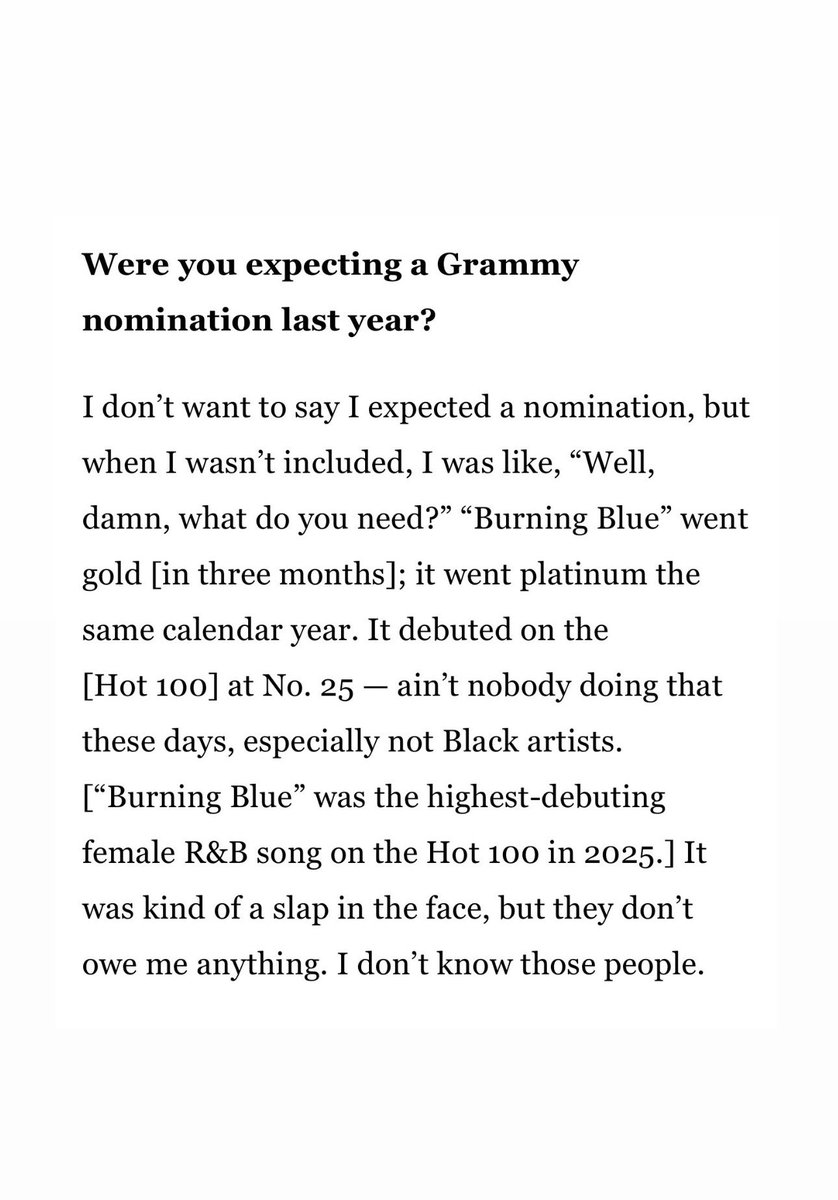 MTSnews's tweet photo. Mariah talks not receiving a Grammy nomination last year for her hit single, “Burning Blue.”

“It debuted at No. 25 — ain’t nobody doing that these days, especially not Black artists.” https://t.co/c5hG3GvOUn