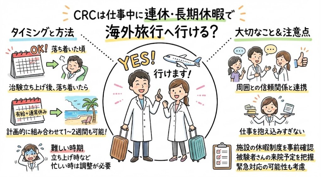 crcbankai's tweet image. ✈️ CRCは海外旅行に行けるの？→結論：行けます！

有給＋通常休暇を組み合わせれば1〜2週間の旅行も可能。治験の繁忙期を避けてスケジュールを組むのがコツです🌏

詳しくは👇から
crc-bank.com/keijiban?gu=226

#CRC #治験コーディネーター #CRC転職 #CRCばんく