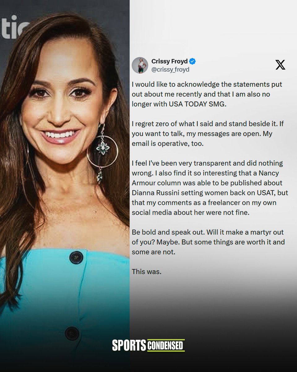 SportsCondensed's tweet photo. “I Did Nothing Wrong”: Crissy Froyd Breaks Silence on Losing USA Today Job Over Dianna Russini Tweet  🏈

#DiannaRussini #TheAthletic #USAToday #NFL #MikeVrabel

Pls use a screenshot of the tweet with an image of Dianna Russini for the graphic https://t.co/353yJnj8TY