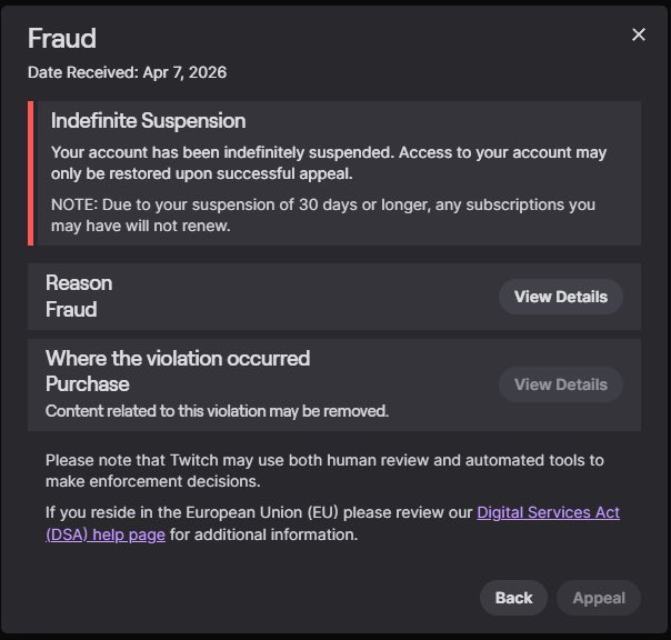 KitLee01's tweet photo. Hello @TwitchSupport

I stream on twitch as @kitlee01 and wanted to reach out about getting a human review of an indefinite suspension placed on my account for “fraud” about 2 weeks ago. 
I have been streaming for almost a full year and put a lot of hard work into building my community and would never support or participate in anything to break Twitch TOS intentionally. 
It said in the detail of the suspension that it was purchase, either from stolen card info but I use my own personal debit card on the account, something to do with prime subs but I am connected to my families prime account, or view bots but I have never botted anything as my average before the ban was around 5/6.
I believe this ban has been a misunderstanding and hope to get it resolved so I can return to working on my passion.

Thank you,
Kitlee01