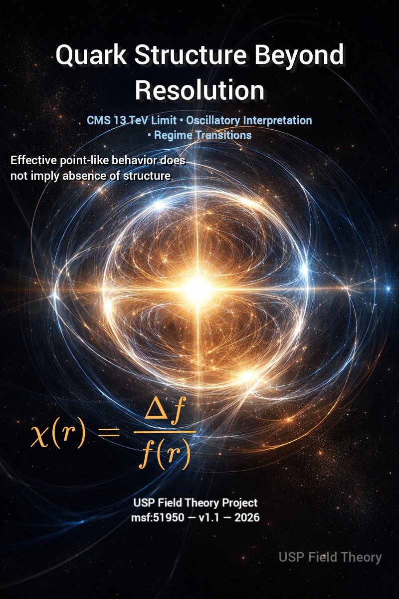 Sadeghsepehri's tweet image. Why do quarks still look point-like—even at extreme energies?

Maybe we’re not seeing “inside”… but hitting a regime where structure reorganizes.

χ(r)=Δf/f(r)

USP Field Theory note:
zenodo.org/records/196189…

#Physics #CERN #Quantum #USPTheory
