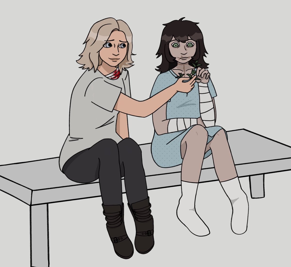 ssnowycloud's tweet image. Grace helping Eris (my re oc) heal with the universal medicine - green herbs  
#re9