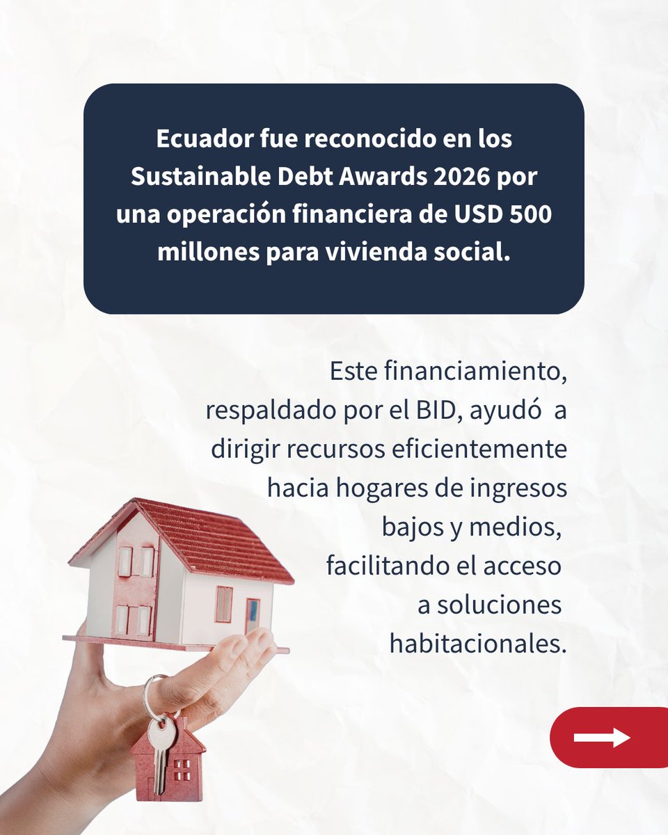apivecuador's tweet photo. Ecuador fue reconocido en los Sustainable Debt Awards 2026 por una innovadora operación financiera destinada a impulsar vivienda de interés social.

El financiamiento, por USD 500 millones y con respaldo del BID, permitió canalizar recursos hacia familias de ingresos bajos y medios, facilitando el acceso a vivienda en el país.

Este tipo de mecanismos refleja el potencial del financiamiento como herramienta para ampliar el acceso a vivienda en el país.

#ViviendaEcuador #SectorInmobiliario #Financiamiento