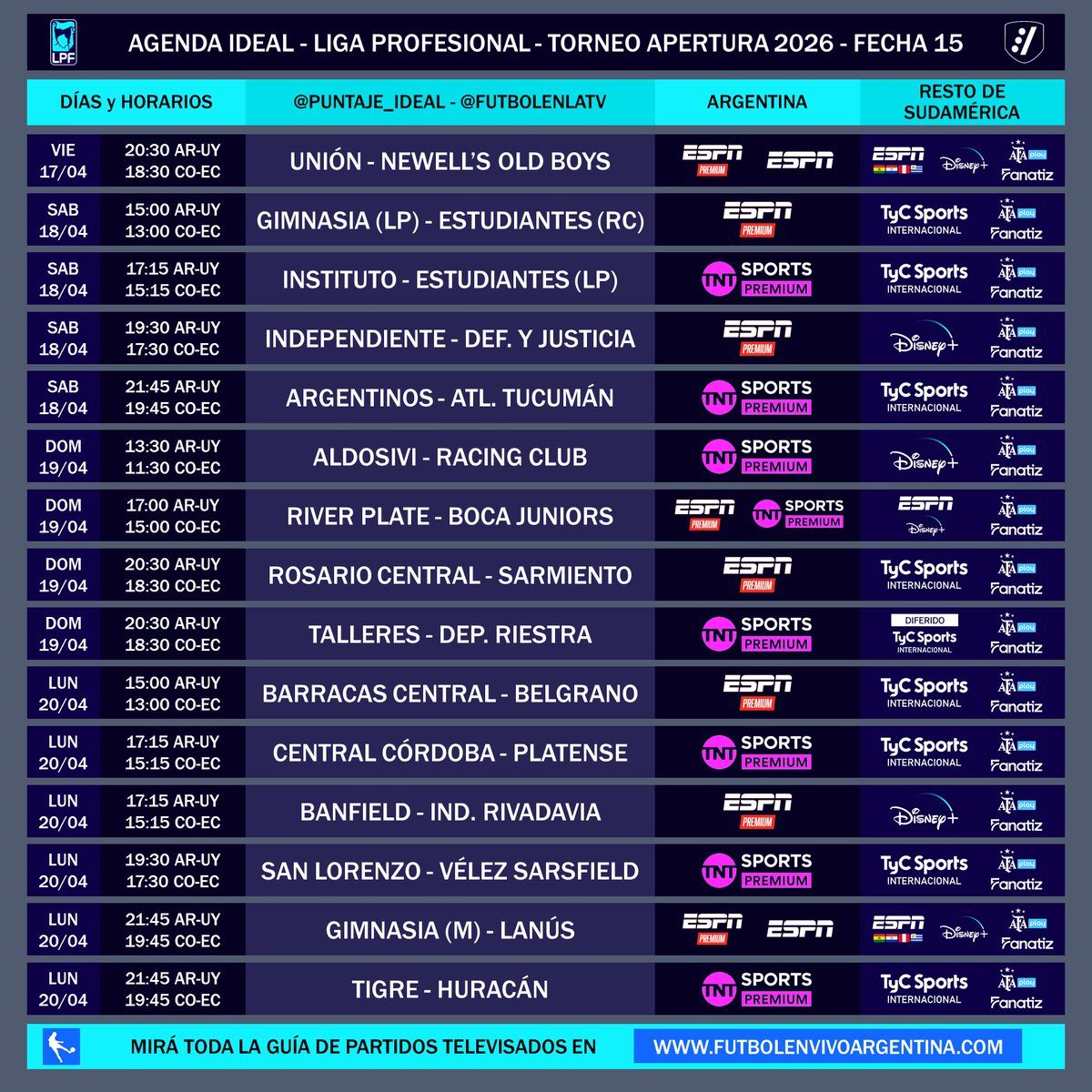 ⚽ #AgendaIdeal 🇦🇷 | Este viernes comienza la fecha 15 del #TorneoApertura2026 de la LPF, que tendrá el #Superclásico.

📺 Liberados (ESPN): Unión - Newell's y Gimnasia (M) - Lanús.

📌 Mirá toda la guía de partidos televisados en Argentina 🇦🇷 en futbolenvivoargentina.com