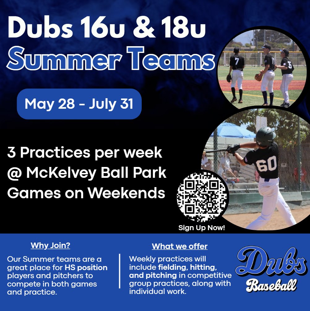 dubsbaseball_'s tweet image. Looking for a team this summer? ⚾️The Dubs Baseball Program is now accepting high school players for our 16U &amp;amp; 18U summer teams.
Spots are open now — reach out to secure yours.
#DubsBaseball #SummerBall #dubs #dubsbaseballprogram #prep4success