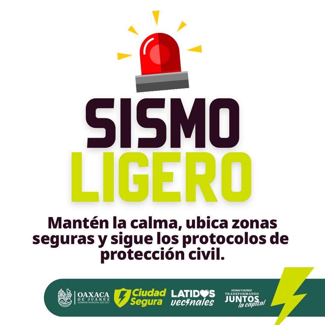 MunicipioOaxaca's tweet photo. ⚠️ Sismo de magnitud 5.0

Sin activación de alerta sísmica.
Protección Civil mantiene monitoreo.

#VecinasYVecinos #TransformandoJuntosLaCapital #OaxacaDeJuárez https://t.co/0mOwtAfskj