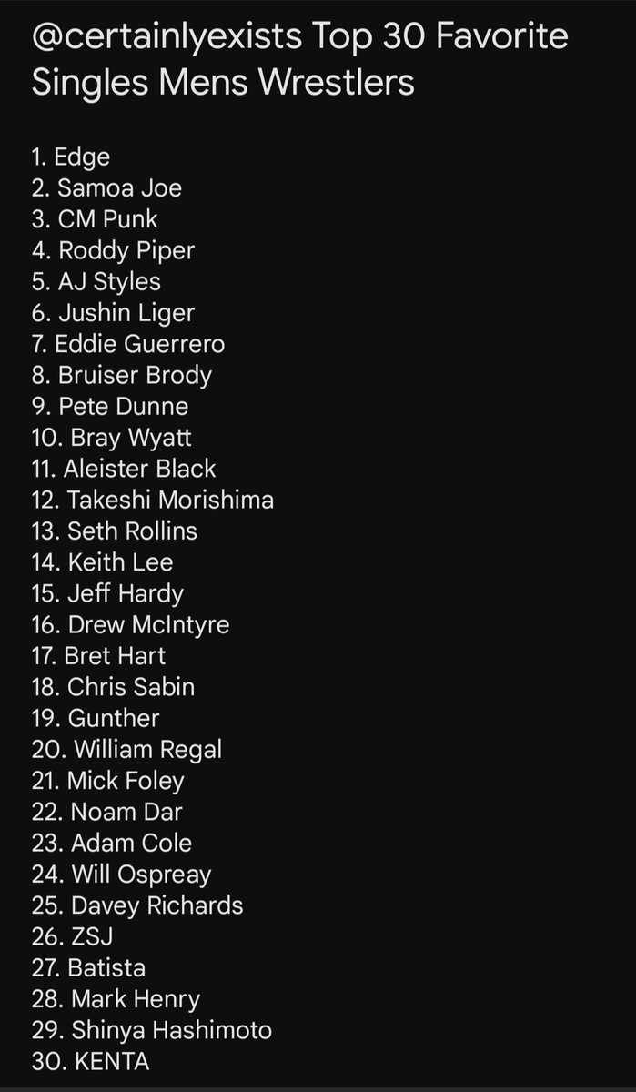 CertainlyExists's tweet photo. Okay a spin on the #GWE debate, just a top 30 of your FAVORITES not the objective best. Here's mine. If y'all wanna entertain me while I'm bored at work, ask me about one of my rankings and I'll explain it and give my favorite match of theirs. (Order changes almost daily lol) https://t.co/KCcdKVZGke
