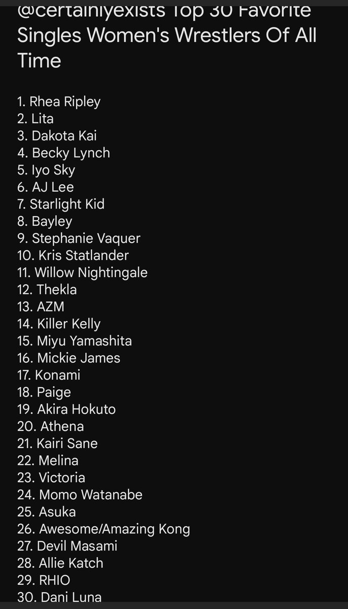 CertainlyExists's tweet photo. Okay a spin on the #GWE debate, just a top 30 of your FAVORITES not the objective best. Here's mine. If y'all wanna entertain me while I'm bored at work, ask me about one of my rankings and I'll explain it and give my favorite match of theirs. (Order changes almost daily lol) https://t.co/KCcdKVZGke