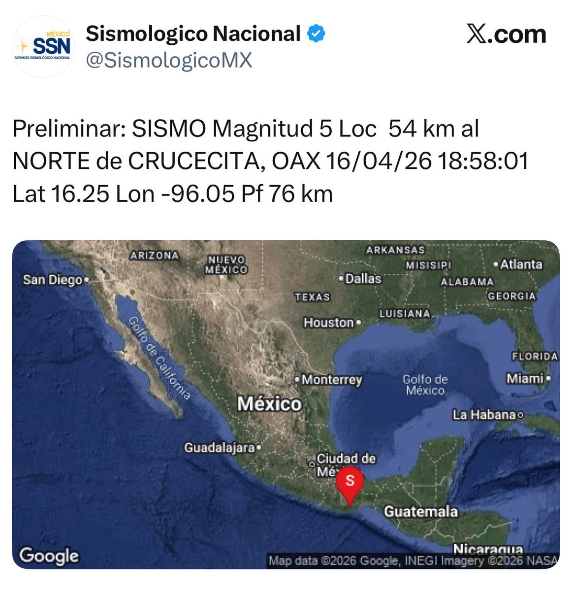 AireLibreOaxaca's tweet image. #Sismo |  ➡️ Preliminar: sismo de magnitud 5 se registró la tarde de este jueves con epicentro a 54 km al norte de Crucecita #Huatulco, #Oaxaca, con una profundidad de 76 km.

➡️ El movimiento ocurrió a las 18:58 horas.

#AireLibreOaxaca #Noticias #Oaxaca