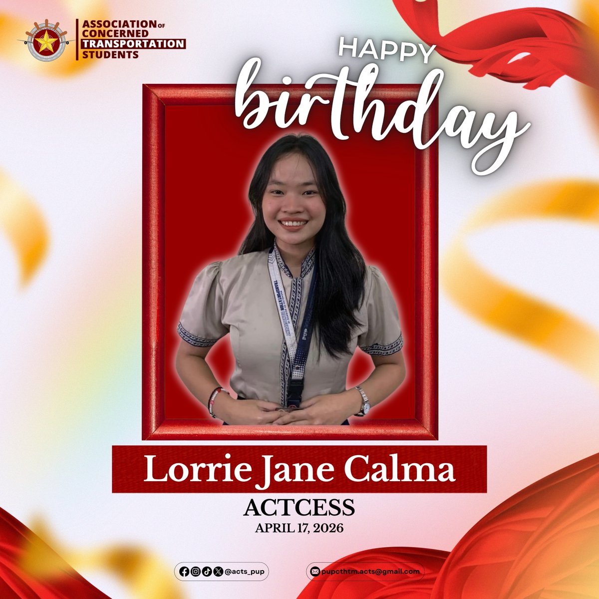 acts_pup's tweet image. Happy Birthday, 𝑳𝒐𝒓𝒓𝒊𝒆 𝑱𝒂𝒏𝒆 𝑪𝒂𝒍𝒎𝒂, member of ACTCESS Technical Committee! 🎂
Thank you for your dedication and for keeping everything running seamlessly behind the scenes. 💻✨
#CTHTM #ACTS #BSTRM #BSTMTRTM #PUPACTS #TransportingTheLifebloodOfExcellence