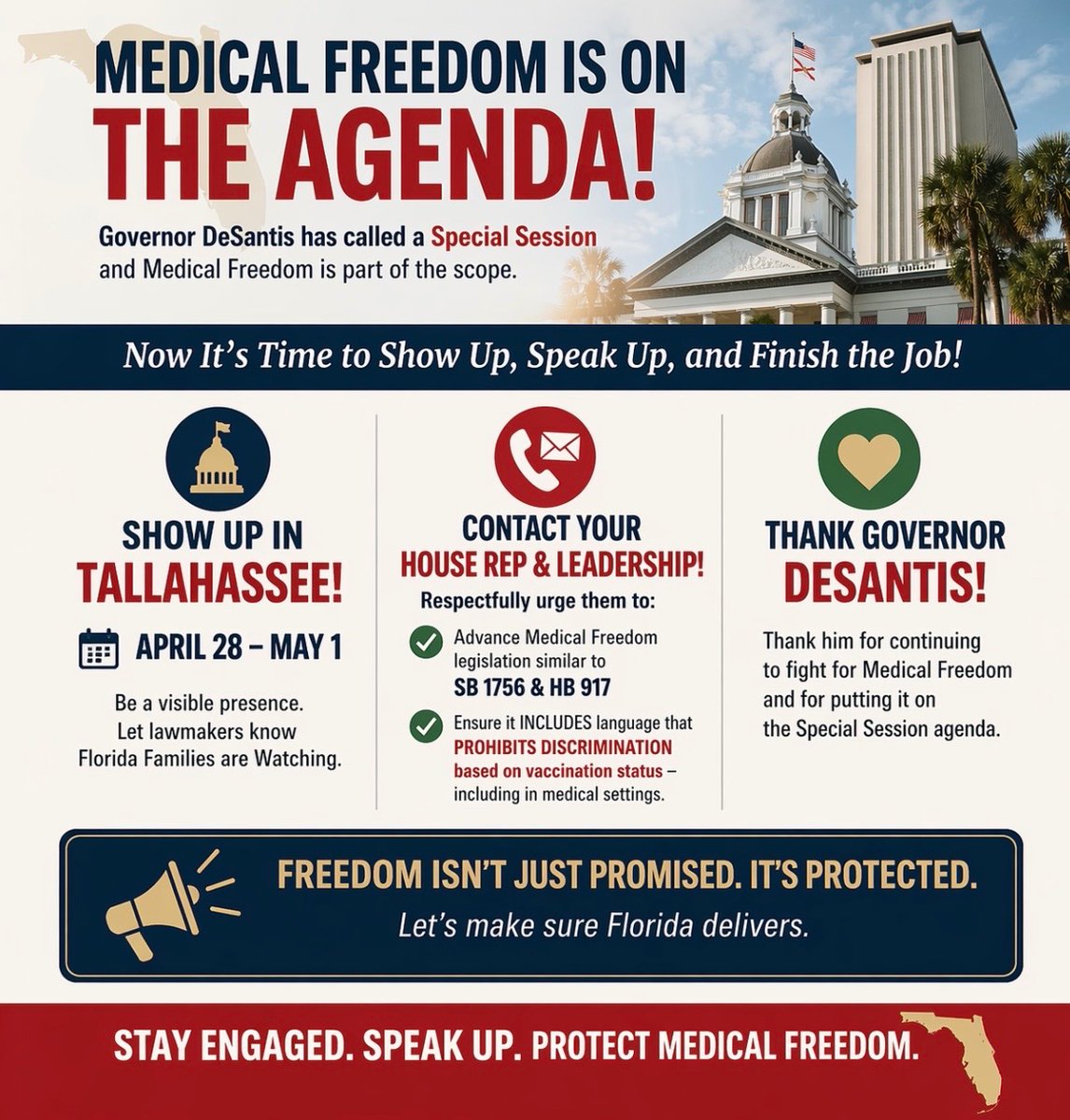 🚨 MEDICAL FREEDOM IS BACK ON THE AGENDA IN FLORIDA! 🚨

Governor DeSantis has called a Special Session — and medical freedom is part of the call! It’s time to SHOW UP, SPEAK UP, and FINISH THE JOB!

📍 Be in Tallahassee April 28 – May 1
Make your voice heard. Let lawmakers know