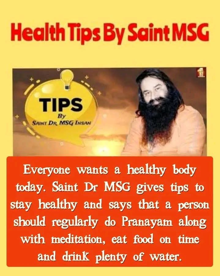 chawla_manju's tweet photo. The key to a healthy life is having a healthy mind.Saint Gurmeet Ram Rahim Ji has given many  #HealthTips to stay fit and stress free like Pranayama with daily meditation, healthy diet, avoiding junk food, daily exercise etc.Real glow comes from discipline and consistency, https://t.co/GrPYSx37px