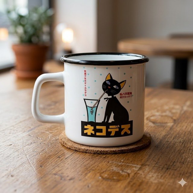 本日より販売中！

昭和レトロなデザインのマグカップ。 
昭和のカ○ピスのポスターのような懐かしいデザイン。 周りに流されることなく、自身の美学を貫く。 
その「天邪鬼」な姿勢のすまし顔の黒猫！