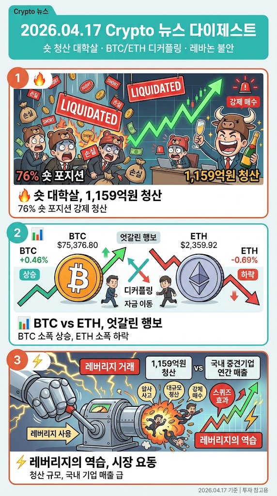 [2026.04.17] Crypto 뉴스
🔥 1,159억원 숏 대학살 — 하락 베터들이 한꺼번에 털렸다
지난 24시간 동안 암호화폐 시장에서 1억 1,599만 달러(약 1,159억원) 규모의 레버리지 포지션이 강제 청산됐다. 
특히 주목할 점은 청산된 포지션의 75.81%가 숏포지션이라는 사실이다. 8,793만 달러어치 숏이 털린