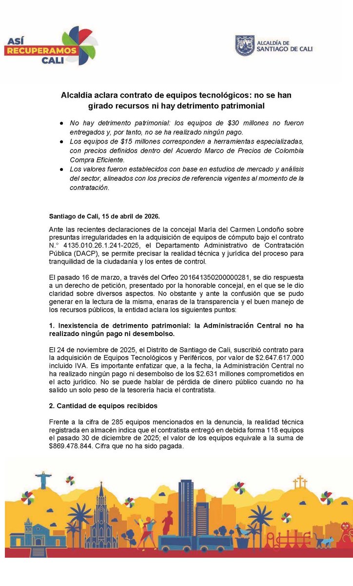 CaliContrata's tweet photo. @MariaCconcejala @alejoeder Cordial saludo. Desde el DACP, nos permitimos aclarar la situación del contrato 4135.010.26.1.241-2025, cuyo objeto es la adquisición de equipos tecnológicos y periféricos para el desarrollo eficiente de las actividades diarias de los organismos de la Alcaldía de Santiago de Cali https://t.co/wrZJp60J1X