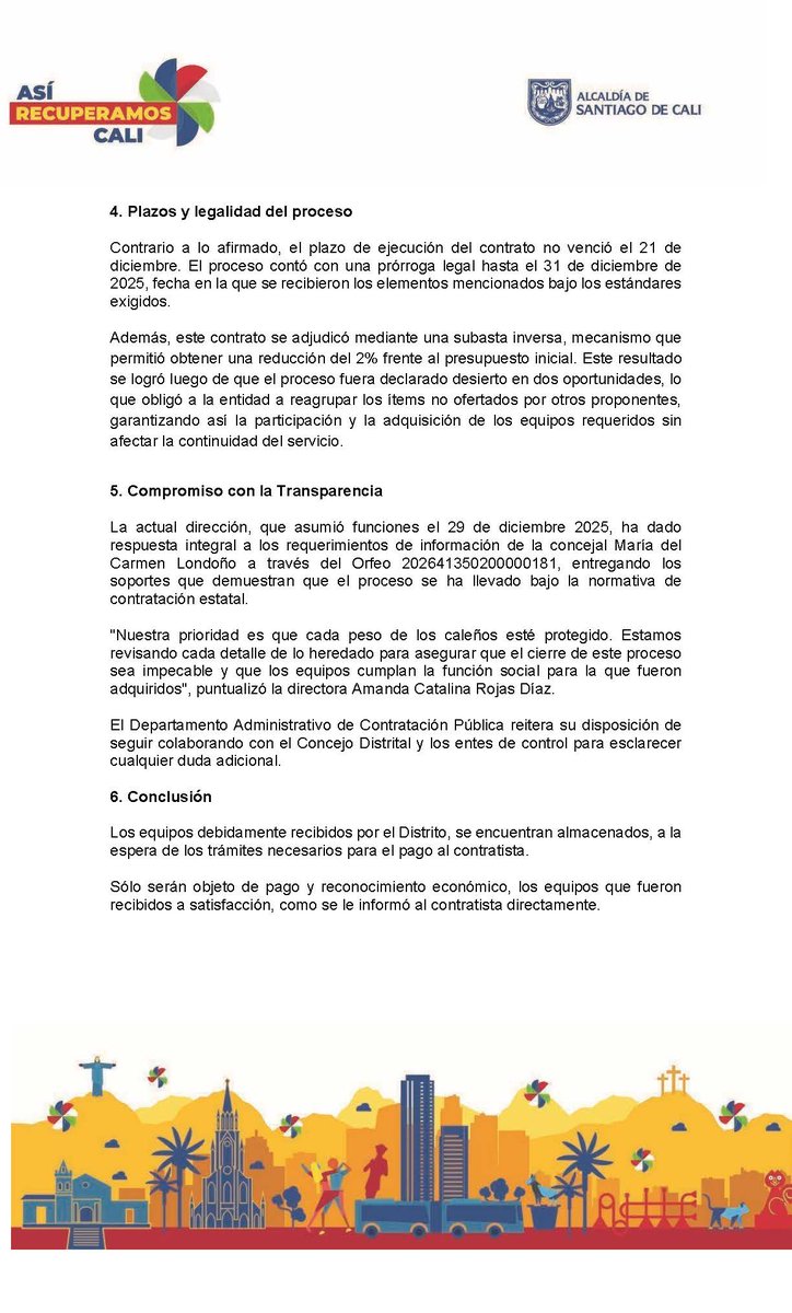 CaliContrata's tweet photo. @MariaCconcejala @alejoeder Cordial saludo. Desde el DACP, nos permitimos aclarar la situación del contrato 4135.010.26.1.241-2025, cuyo objeto es la adquisición de equipos tecnológicos y periféricos para el desarrollo eficiente de las actividades diarias de los organismos de la Alcaldía de Santiago de Cali https://t.co/wrZJp60J1X