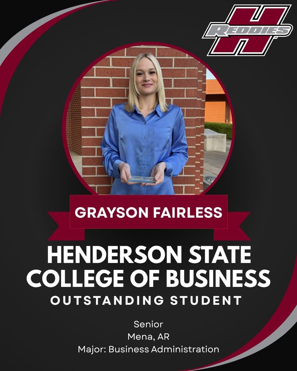 ReddiesWBB's tweet photo. A big congratulations to senior, Grayson Fairless, on being named one of the outstanding students in the Henderson State College of Business. Super proud of the hard work not only on the court, but in the classroom. #studentathlete #goreddies https://t.co/mo8PH67t6b