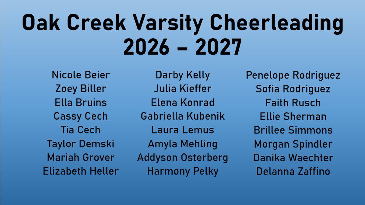 cheer_oc's tweet image. Congratulations to our 2026-2027 Oak Creek Varsity Cheerleaders! 🥳 We can’t wait to get the season started! #AGAD #TimeForAThreepeat @Athletics_OCHS