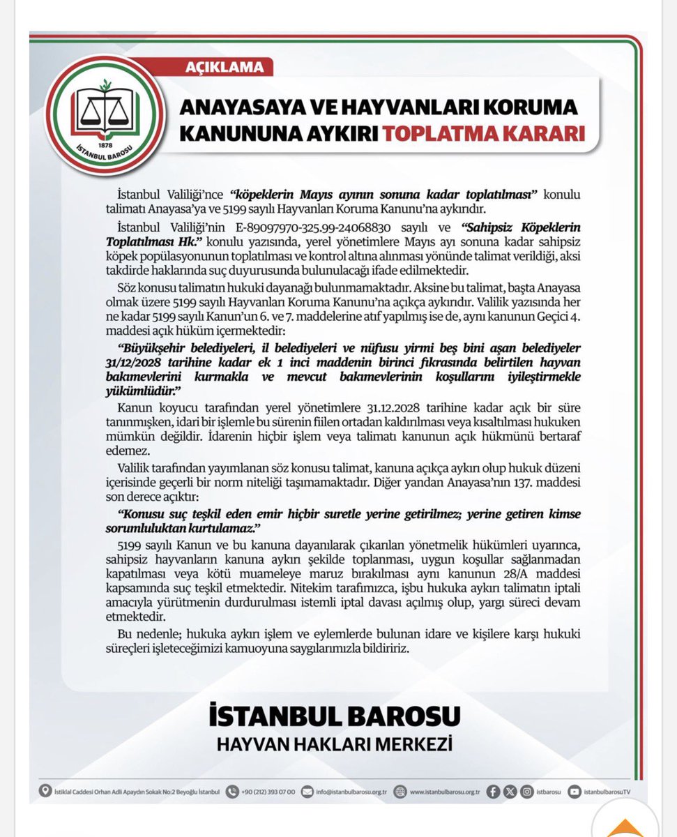 SARASA432691's tweet image. 🇹🇷This is a statement in which the Istanbul Bar Association—particularly its Animal Rights Center—raises strong objections to the governor’s sudden directive to capture stray dogs.

#Istanbul #Turkey #StrayDogs #AnimalWelfare

The directive issued by the Istanbul Governor’s